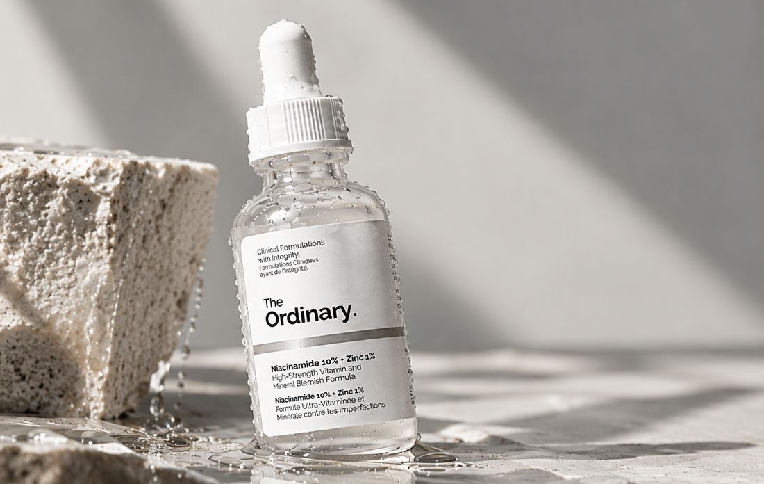 Niacinamide serum bottle on a stone surface