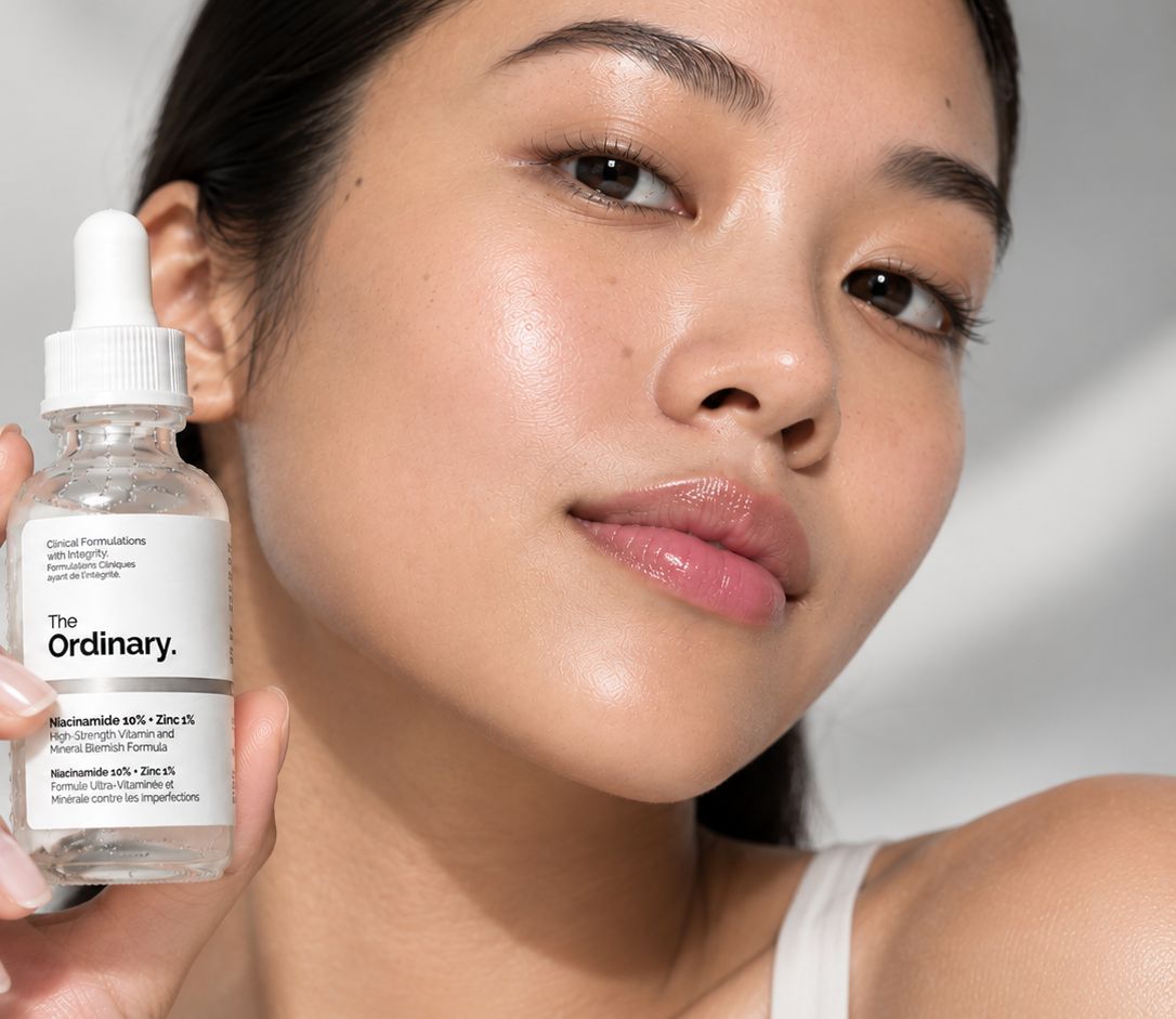 Woman holding The Ordinary serum beside her face